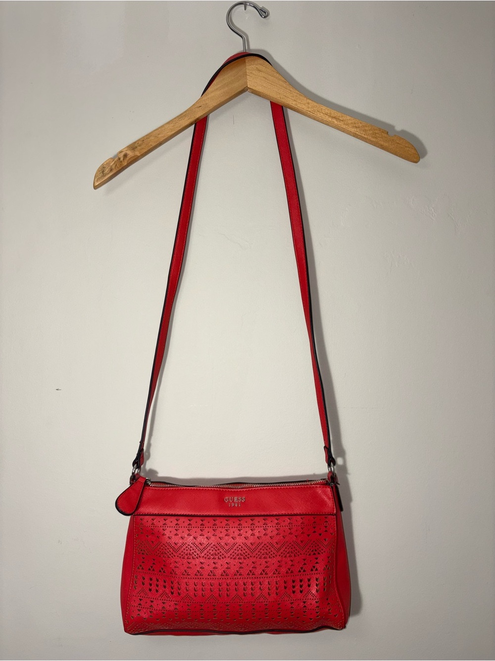 GUESS Red Laser-Cut Crossbody with Stud Detail - Picture 3 of 5